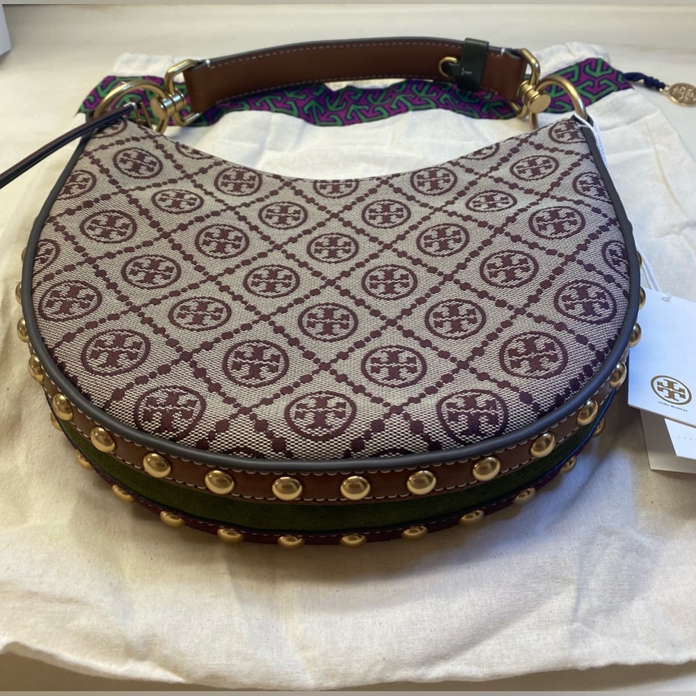 🔥NWT Tory Burch T Monogram Jacquard Studded Mini Crescent Bag - Picture 15 of 16